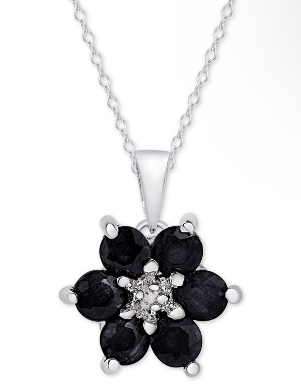 Natural Sapphire 9/10ct Diamond Accent Flower Pendant Necklace Sterling Silver